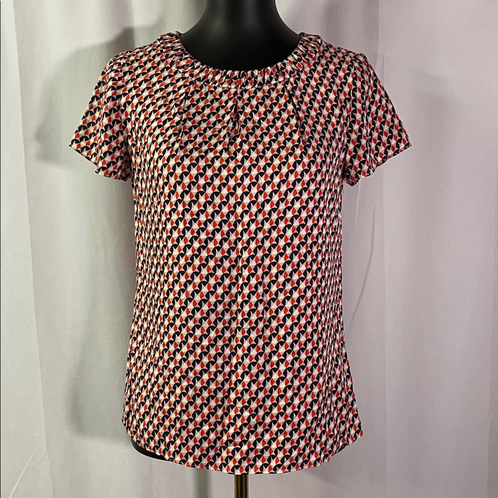 Boden Pink Red & Blue Geo Print Short Sleeve Silk Blend Round Neck Blouse